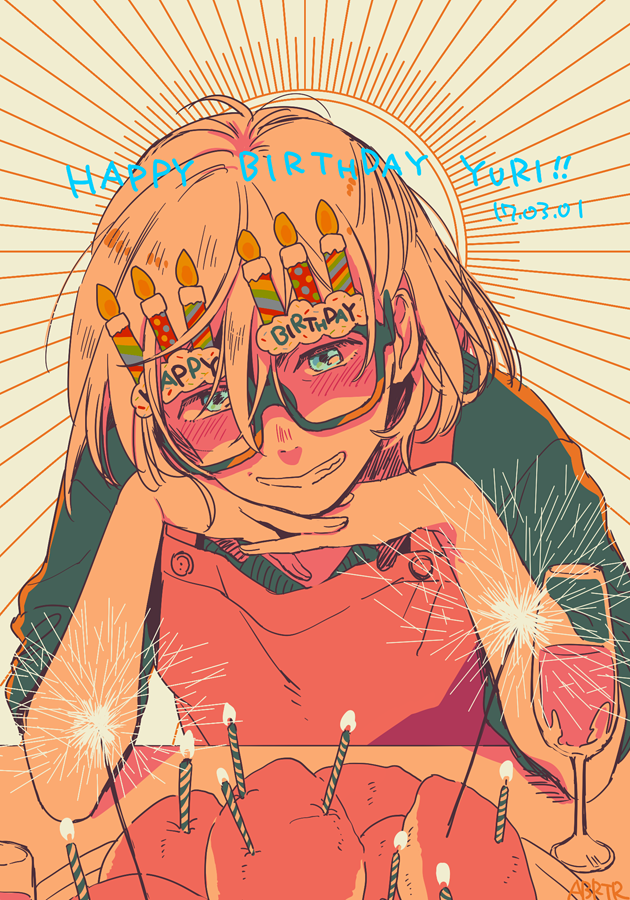 10s, 1boy, 2017, blonde_hair, candle, head_rest, cup, dated, drinking_glass, fireworks, food, green_eyes, grin, happy_birthday, interlocked_fingers, limited_palette, male_focus, pirozhki, smile, sparkler, sunglasses, wine_glass, yukataro, yuri!!!_on_ice, yuri_plisetsky