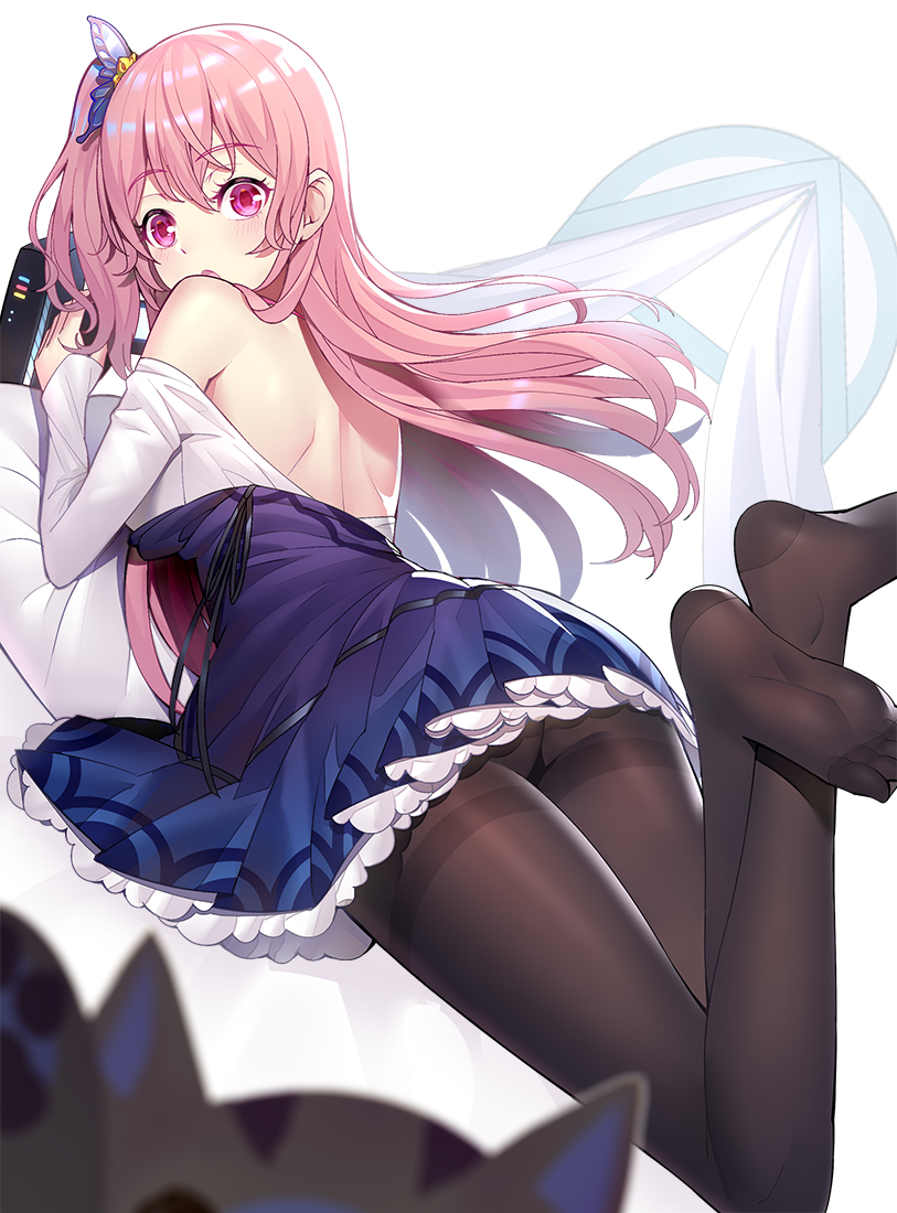 1girl, backless_dress, backless_outfit, black_pantyhose, blue_dress, bow, cat, cellphone