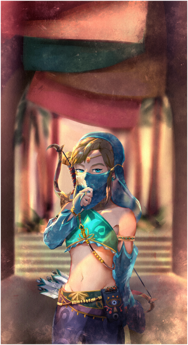 1boy, crossdressing, crossdressing_(mtf), gerudo_set_(zelda), highres, link, nintendo, pepe_the_frog, the_legend_of_zelda, the_legend_of_zelda:_breath_of_the_wild, trap, tsujieiri