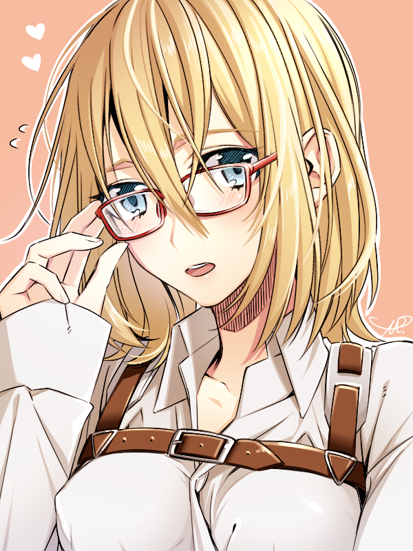 1girl, adjusting_eyewear, blush, female_focus, glasses, hair_between_eyes, heart, krista_lenz, long_sleeves, looking_at_viewer, mtktc, pink_background, portrait, red-framed_eyewear, shingeki_no_kyojin, sketch, sleeves_past_wrists, solo, strap