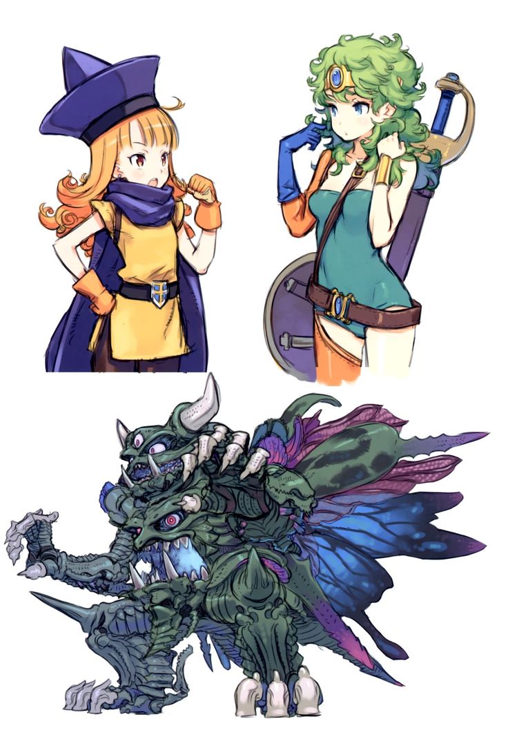 2girls, alena_(dq4), blue_eyes, blush, breasts, cape, curly_hair, death_pisaro, dragon_quest, dragon_quest_iv, earrings, gloves, green_hair, hat, heroine_(dq4), horns, jewelry, kuroboshi_kouhaku, long_hair, monster, multiple_girls, open_mouth, orange_hair, pantyhose, red_eyes, short_hair, small_breasts