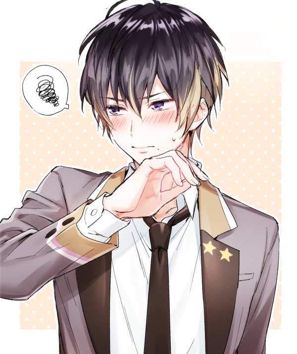 1boy, a3!, averting_eyes, bad_id, bad_pixiv_id, black_hair, blush, brown_hair