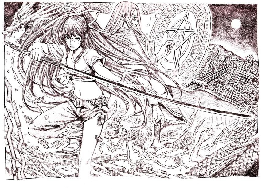 00s, 1boy, 1girl, absurdres, asymmetrical_clothes, bad_id, bad_pixiv_id, greyscale, highres, kanzaki_kaori, katana, magic_circle, monochrome, nobita_(makoto7060355), purple_theme, single_pantsleg, stiyl, stiyl_magnus, sword, toaru_majutsu_no_index, traditional_media, weapon