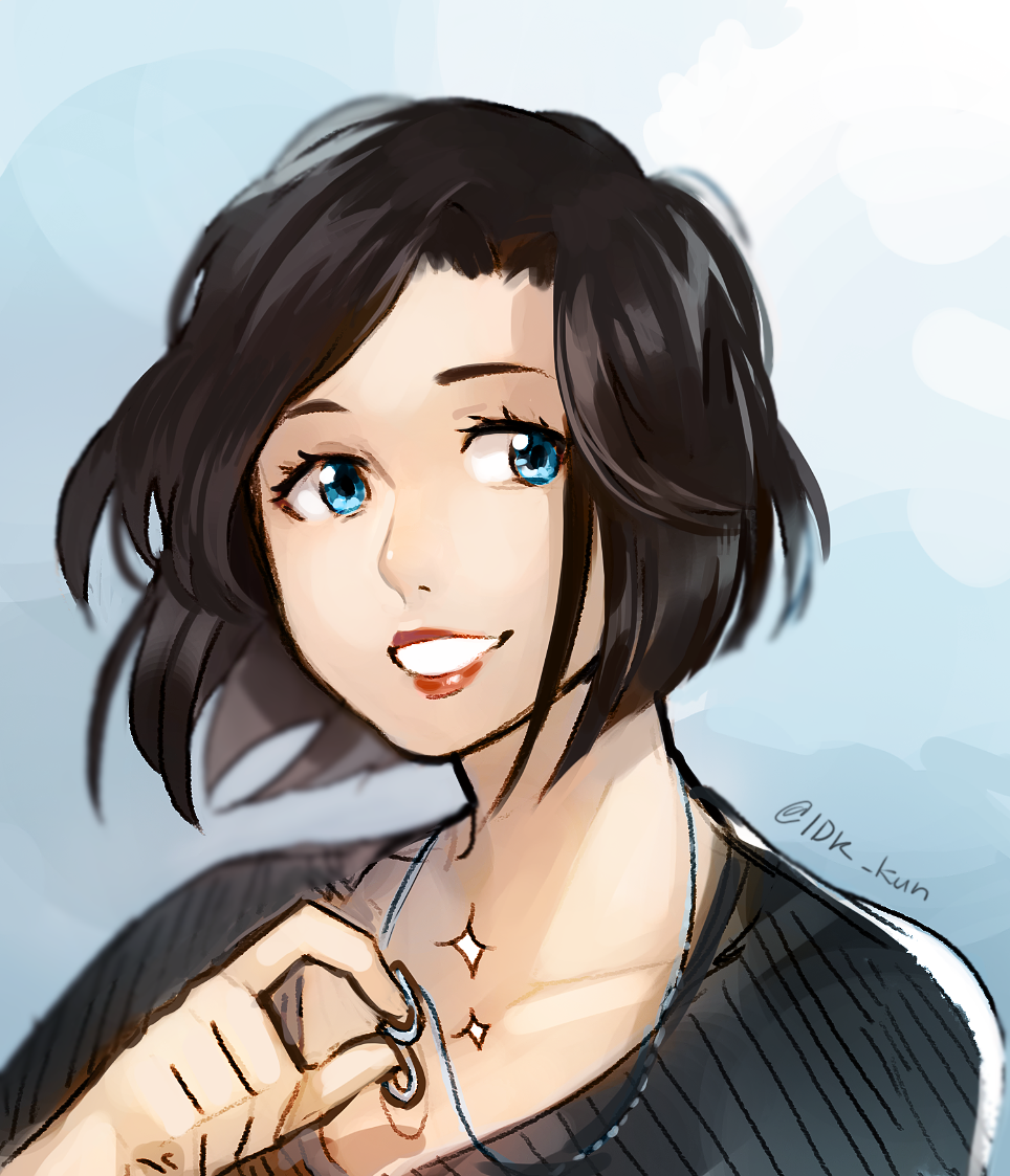 10s, 1girl, black_hair, blue_eyes, idk-kun, isabella_yang, jewelry, lips, necklace, smile, sparkle, twitter_username, upper_body, yuri!!!_on_ice