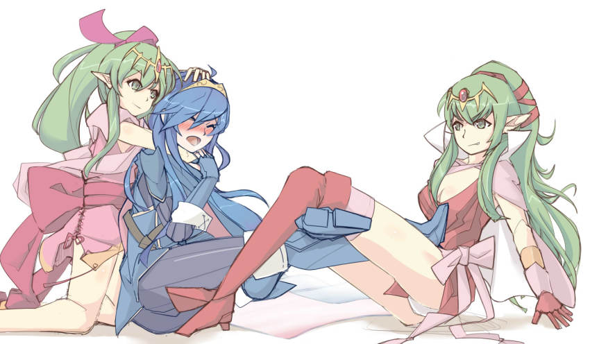 3girls, aged_up, asphyxiation, blue_hair, blush, breasts, cape, closed_eyes