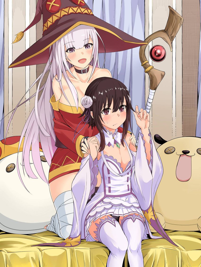 10s, 2girls, :d, bandaged_leg, bandages, black_hair, black_panties, blush, breasts, chicke_iii, choker, cleavage, cosplay, costume_switch, crossover, detached_collar, detached_sleeves, dress, emilia_(re:zero), emilia_(re:zero)_(cosplay), fingerless_gloves, flat_chest, flower, gloves, hair_flower, hair_ornament, hat, highres, indoors, kneeling, kono_subarashii_sekai_ni_shukufuku_wo!, large_breasts, lavender_legwear, light_purple_hair, long_hair, md5_mismatch, megumin, megumin_(cosplay), multiple_girls, off_shoulder, on_bed, open_mouth, panties, pantyshot, pleated_skirt, purple_eyes, purple_thighhighs, re:zero_kara_hajimeru_isekai_seikatsu, short_dress, sitting, skirt, smile, staff, strapless, strapless_dress, sweatdrop, takahashi_rie, thighhighs, toeless_legwear, toes, underwear, very_long_hair, voice_actor_connection, witch_hat
