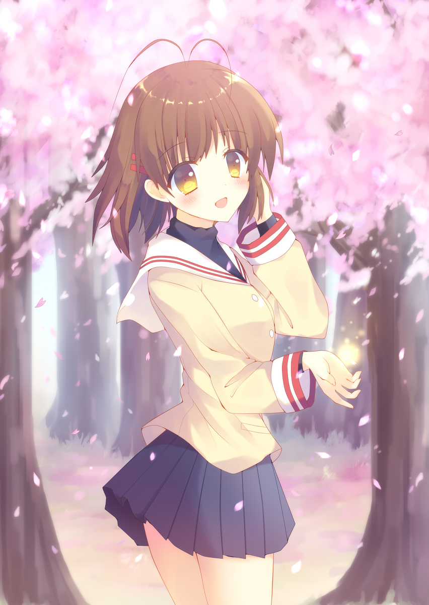 1girl, :d, ahoge, aiyan, antenna_hair, blush, brown_eyes, brown_hair