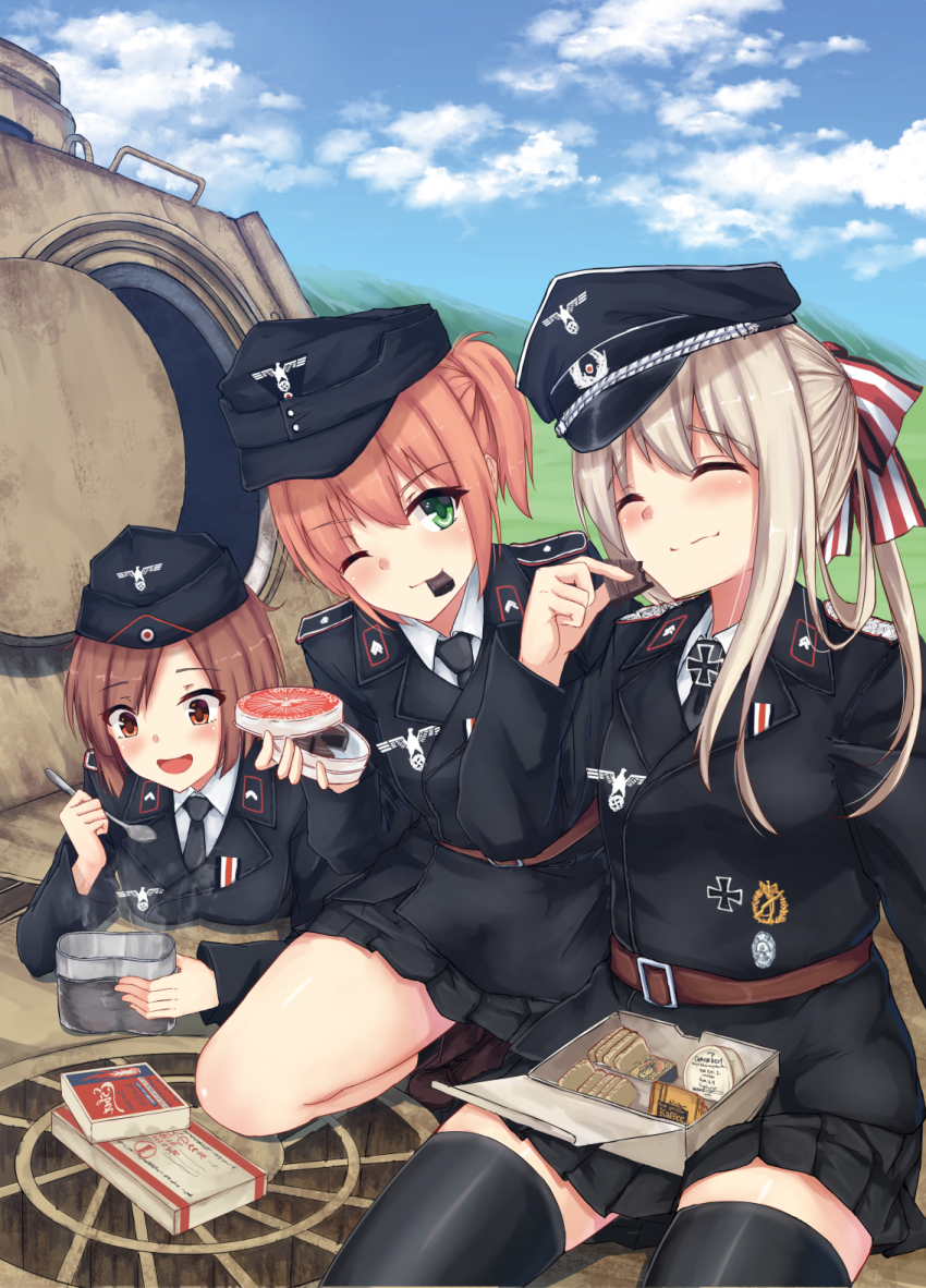 3girls, adapted_uniform, belt, black_legwear, brown_eyes, brown_hair, chocolate, closed_eyes