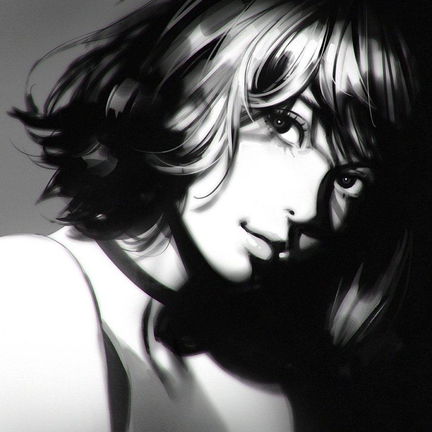 1girl, choker, female_focus, greyscale, ilya_kuvshinov, monochrome, portrait, realistic