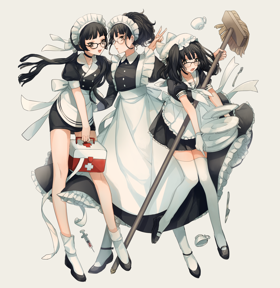 3girls, apron, asuda, black_eyes, black_hair, broom, cup, dress
