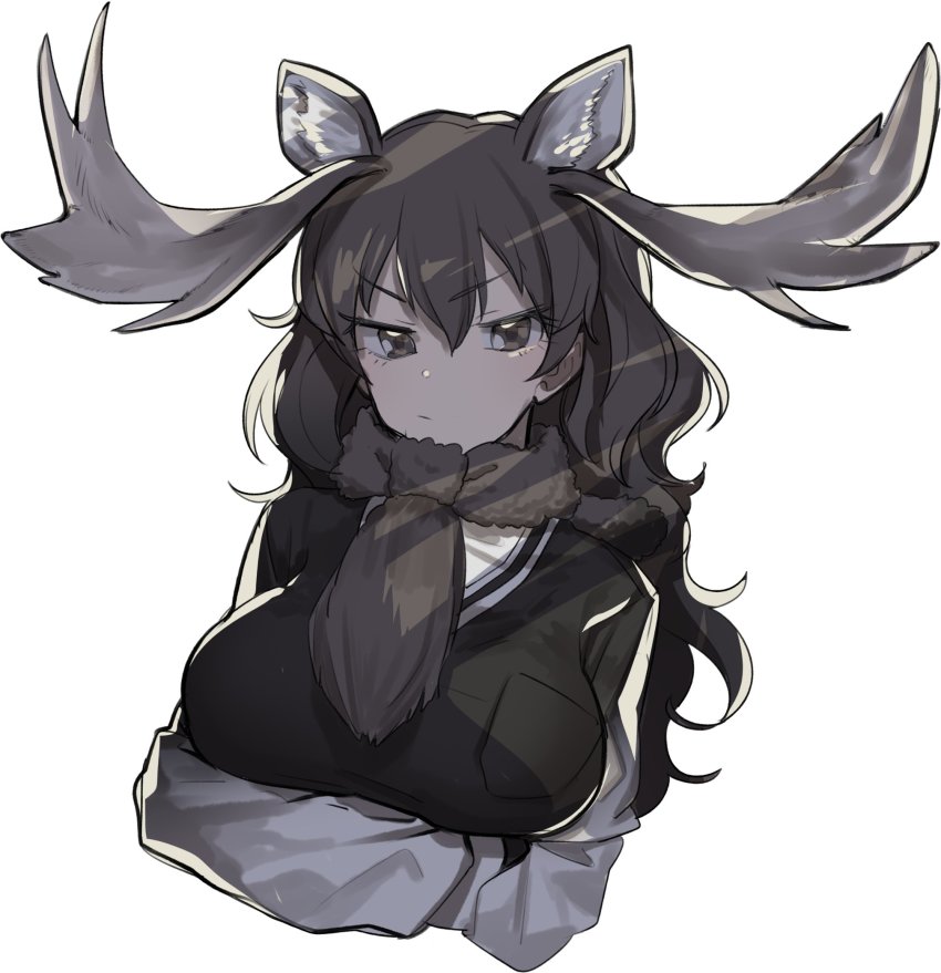>:/, 10s, 1girl, :/, animal_ears, antlers, breast_pocket, breasts