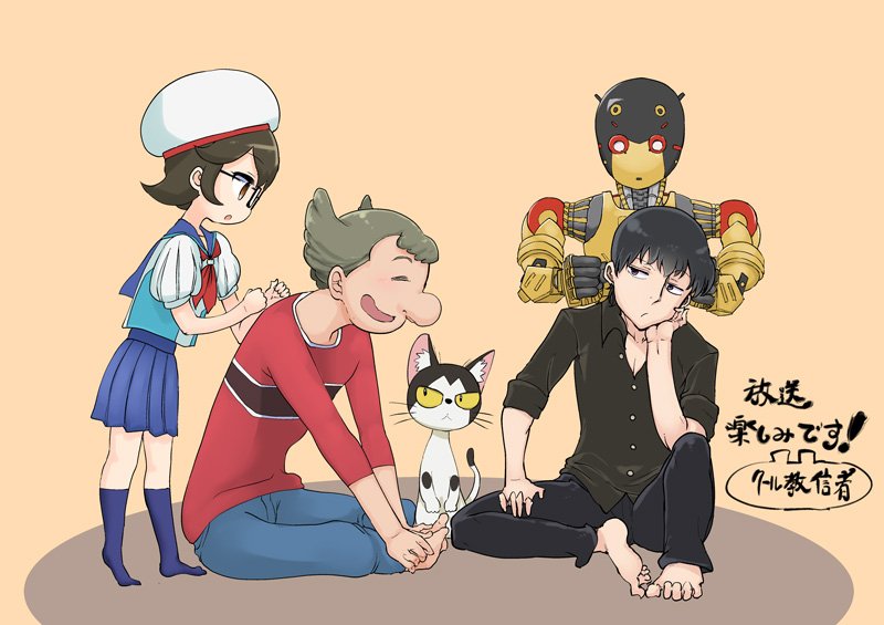 1girl, 2boys, a106, announcement_celebration, atom:_the_beginning, barefoot, black_hair, black_shirt