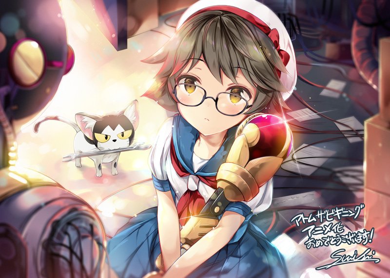1girl, a106, announcement_celebration, atom:_the_beginning, beret, black_hair, cat, door, f14_(tetsuwan_atom), hat, looking_at_another, mechanical_arms, ochanomizu_ran, paper, robot, school_uniform, serafuku, short_hair, signature, single_mechanical_arm, sitting, suihi, tetsuwan_atom, wrench, yellow_eyes