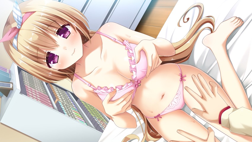 1girl, barefoot, blush, bow, bow_bra, bow_panties, bra, breasts