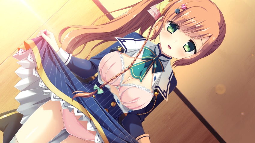 1girl, akagi_suzuna, blush, bra, braid, breasts, cleavage, clothes_lift