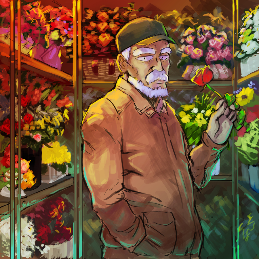 10s, 1boy, alice_to_zouroku, baseball_cap, beard, bouquet, brown_jacket, colorful, cowboy_shot, eyebrows, facial_hair, flower, green_hat, hand_in_pocket, hat, holding, holding_flower, jacket, kashimura_zouroku, looking_at_viewer, male_focus, mustache, old, old_man, red_flower, red_rose, rose, shelf, shop, solo, tofu_(tofulabo), white_hair