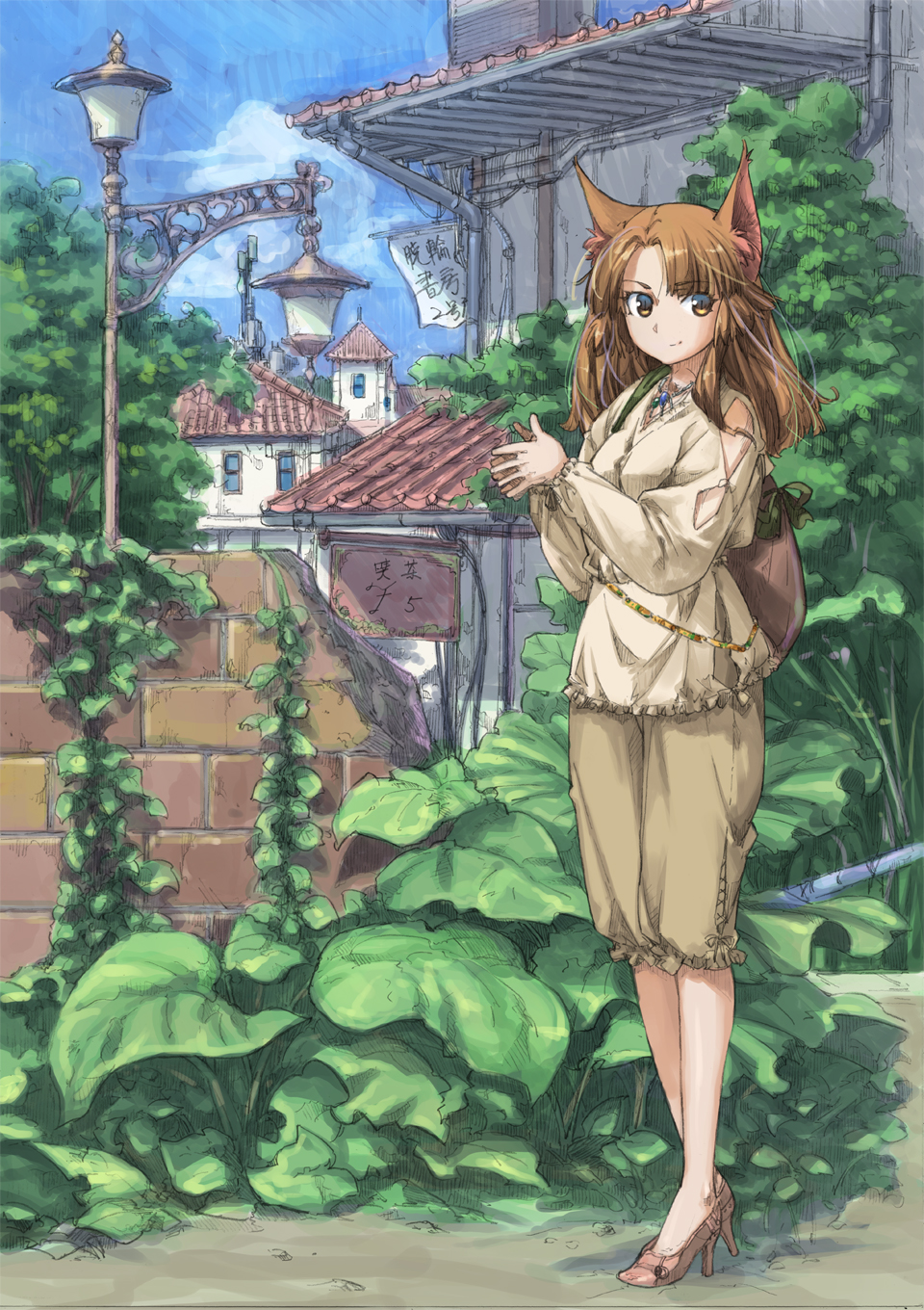1girl, animal_ears, brick_wall, brown_eyes, brown_hair, capri_pants, city, cloud