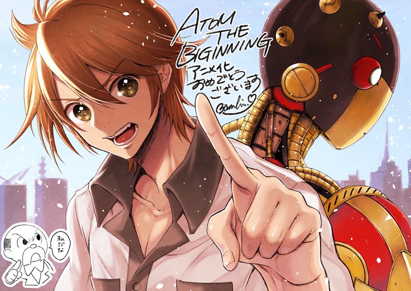 1boy, a106, announcement_celebration, atom:_the_beginning, back-to-back, bald, ban_shunsaku, blue_sky