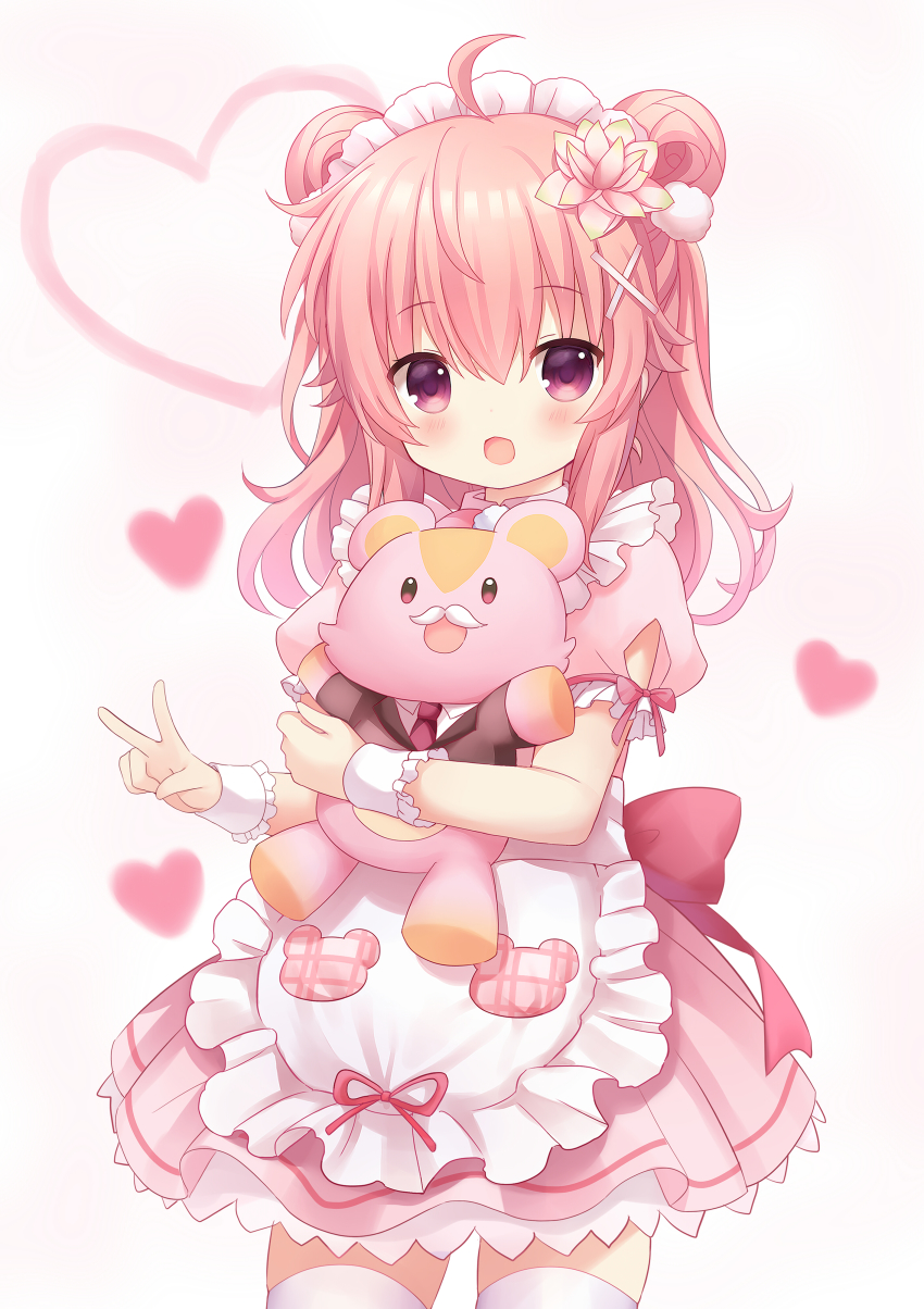 absurdres, ahoge, apron, curcuma_(flower_knight_girl), double_bun, flower, flower_knight_girl, hair_flower