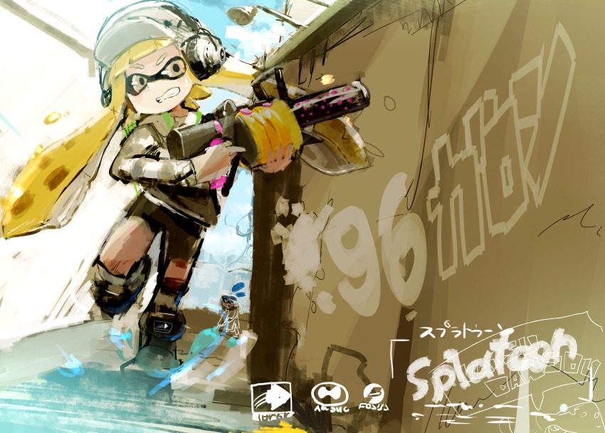 .96_gal_(splatoon), 1boy, 1girl, absurdres, baseball_cap, bike_shorts, blonde_hair, brown_eyes