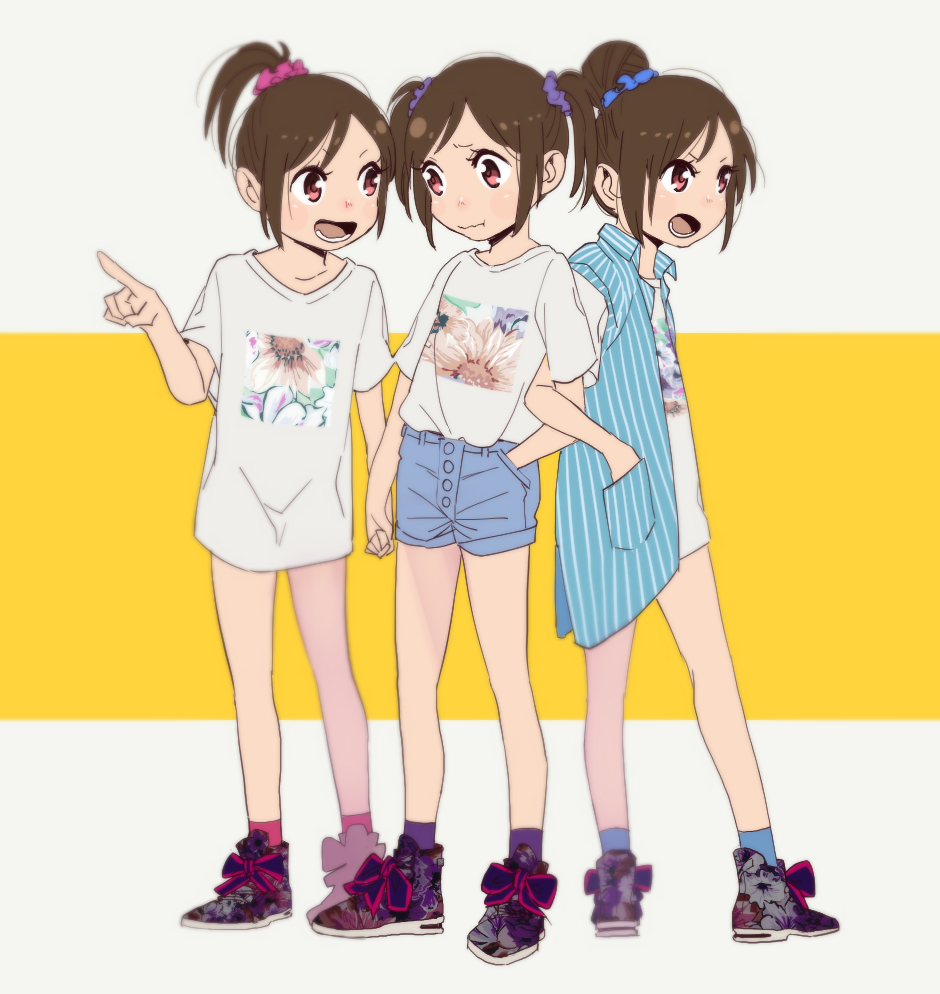 10s, 3girls, :t, bad_id, bad_pixiv_id, brown_eyes, brown_hair, con_potata