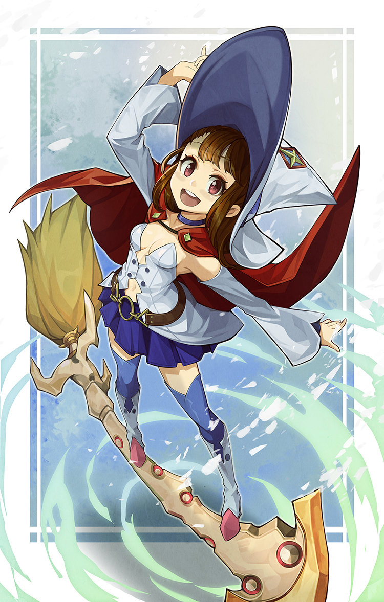 1girl, arm_up, bare_shoulders, blue_skirt, boots, breasts, broom, broom_riding