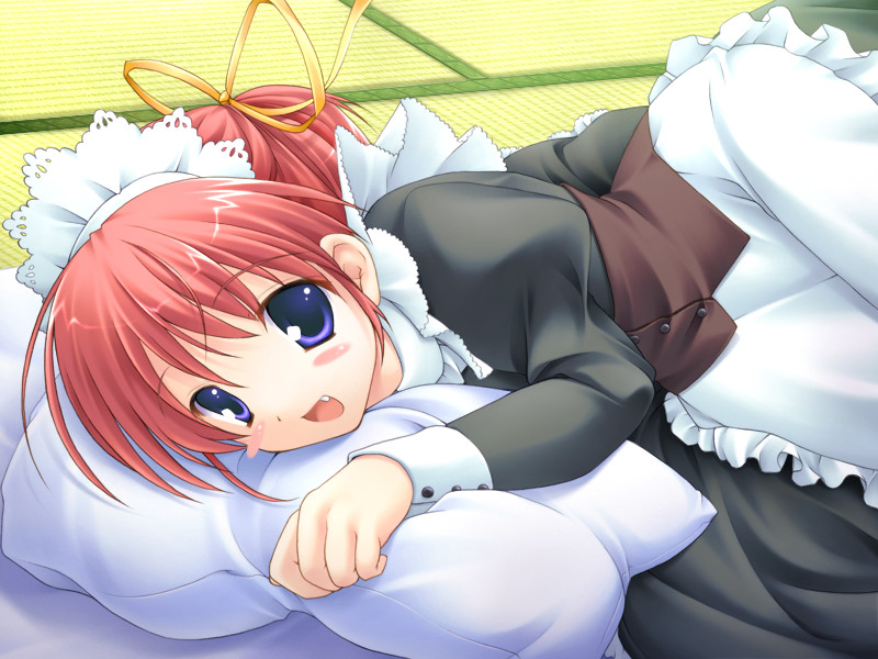 1girl, :d, apron, blue_eyes, blush, blush_stickers, fang, female_focus