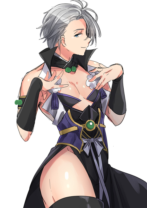 10s, 1boy, black_legwear, blue_eyes, cosplay, japanese_clothes, male_focus, pom_pom_(clothes)