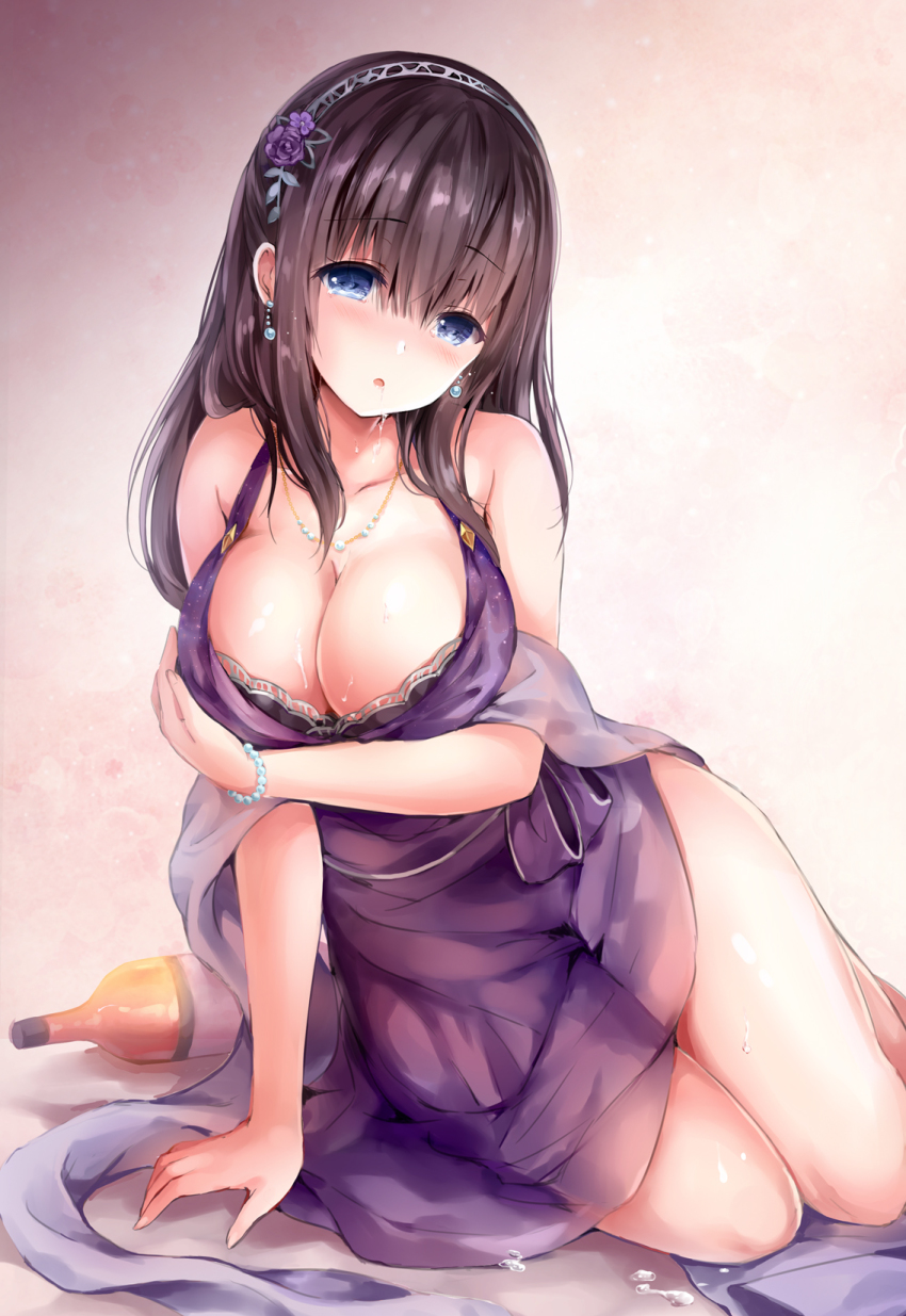 10s, 1girl, alcohol, arm_support, bare_shoulders, barefoot, black_hair, blue_eyes