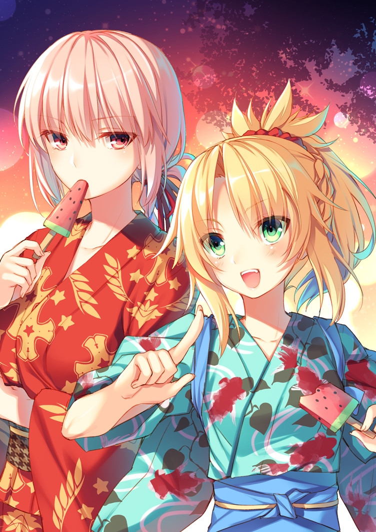 2girls, :d, braid, commentary_request, crown_braid, eating, fate/apocrypha, fate/grand_order