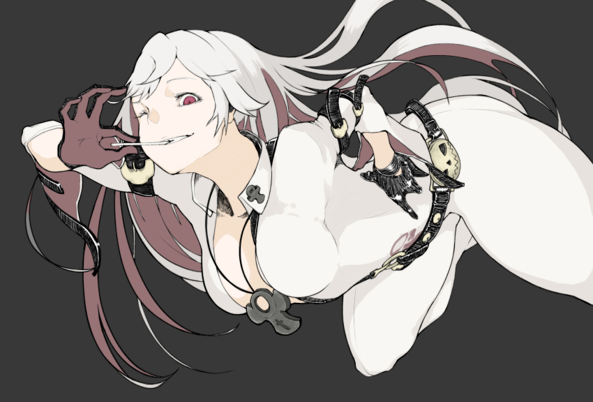 1girl, ;), ankh, black_gloves, bodysuit, breasts, candy, cleavage, eyelashes, female_focus, food, gloves, guilty_gear, guilty_gear_xrd, halo, hand_on_own_hip, highres, jack-o'_valentine, jewelry, large_breasts, leaning_forward, lollipop, long_hair, multicolored_hair, one_eye_closed, pendant, red_eyes, red_hair, silver_hair, smile, solo, spiked_halo, thick_thighs, thighs, touru_(thickbaumkuchen), two-tone_hair