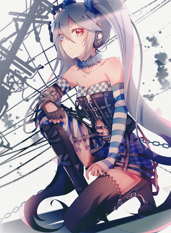 1girl, asymmetrical_clothes, asymmetrical_legwear, bananaxcs7, bare_shoulders, black_thighhighs, blue_hair, boots