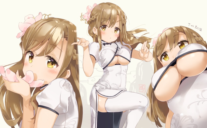 10s, 1girl, blush, braid, breasts, brown_hair, china_dress, chinese_clothes