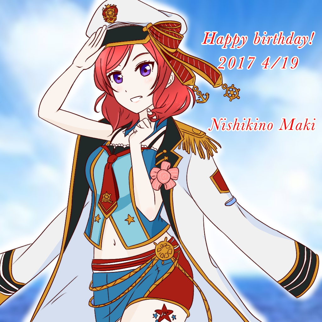 10s, bikini, blush, captain_cap, gloves, happy_birthday, love_live!, love_live!_school_idol_festival, love_live!_school_idol_project, military, military_uniform, nishikino_maki, purple_eyes, red_hair, short_hair, skirt, smile, swimsuit