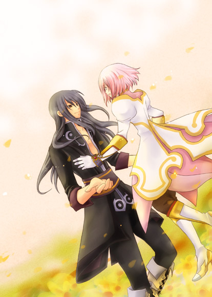 00s, 1boy, 1girl, black_hair, boots, couple, dress, estellise_sidos_heurassein