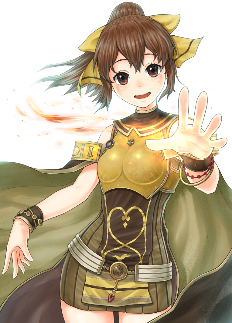 1girl, armor, bare_shoulders, bow, bracelet, breastplate, brown_eyes, brown_hair
