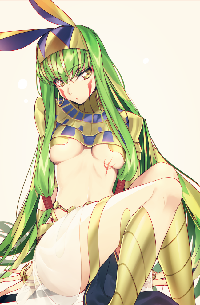 1girl, ancient_egyptian, ancient_egyptian_clothes, bare_shoulders, blush, bracelet, breasts, breasts_apart, c.c., closed_mouth, code_geass, cosplay, creayus, earrings, facial_mark, fate/grand_order, fate_(series), female_focus, green_hair, hairband, hoop_earrings, jewelry, long_hair, looking_at_viewer, medium_breasts, nitocris_(fate), nitocris_(fate)_(cosplay), scar, sidelocks, simple_background, sitting, solo, underboob, very_long_hair, yellow_eyes