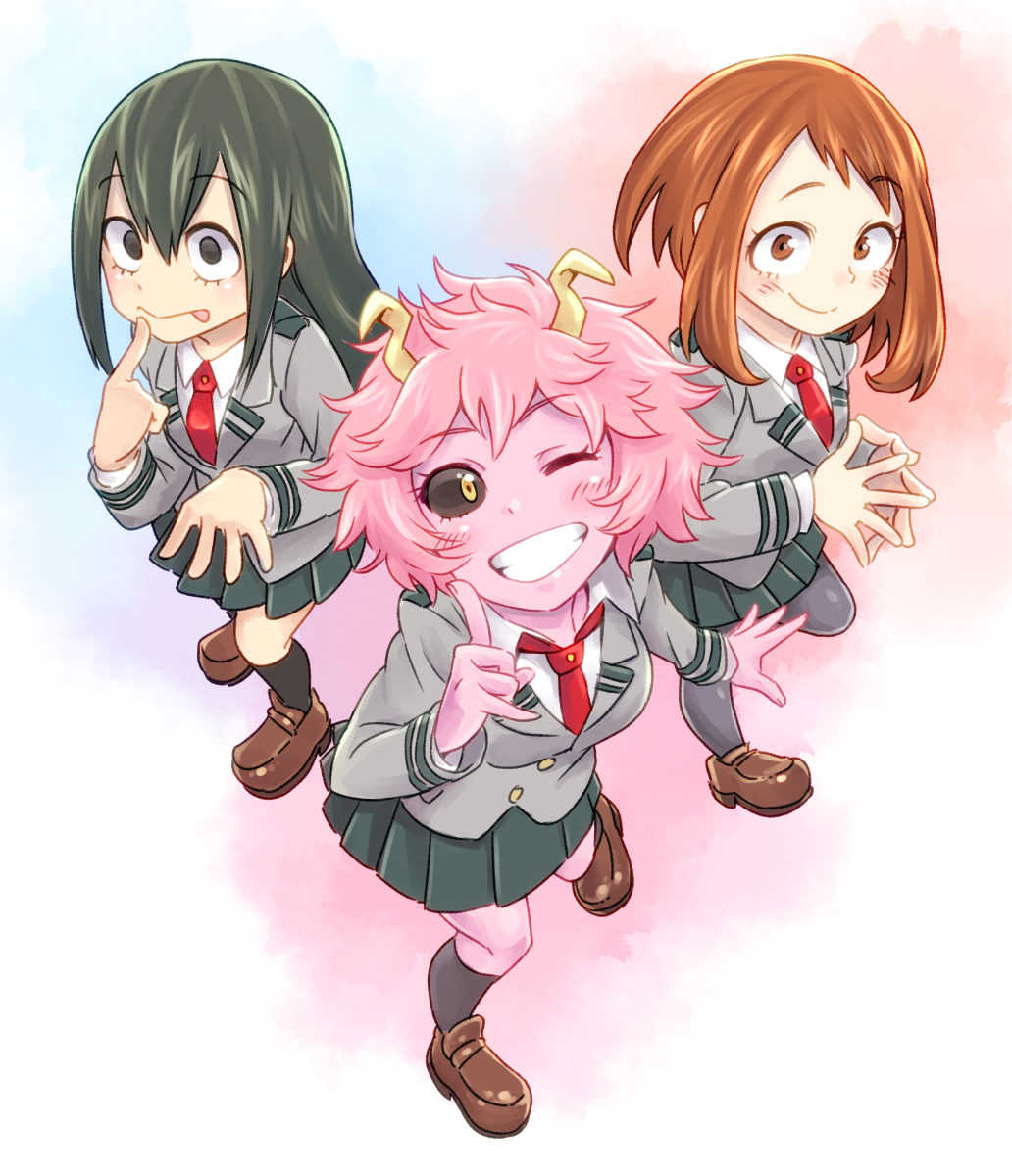 10s, 3girls, :p, ;d, ashido_mina, asui_tsuyu, black_eyes, black_hair, black_sclera, blush, boku_no_hero_academia, brown_eyes, brown_hair, colored_sclera, colored_skin, full_body, highres, horns, long_hair, long_sleeves, looking_at_viewer, multiple_girls, necktie, one_eye_closed, open_mouth, ouhashi_(yumenosukima), pink_hair, pink_skin, pleated_skirt, red_necktie, school_uniform, short_hair, skirt, smile, teeth, tongue, tongue_out, uraraka_ochako, yellow_eyes
