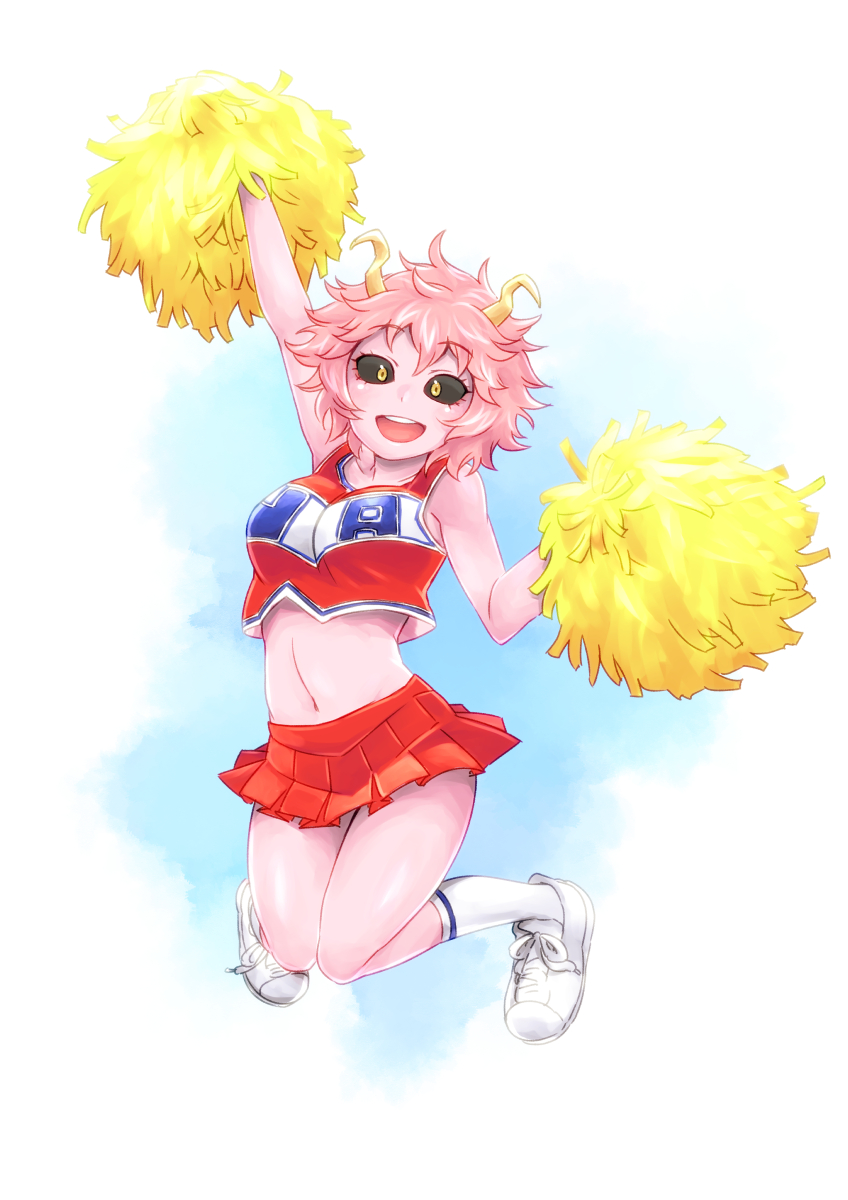 10s, 1girl, :d, arm_up, ashido_mina, bare_shoulders, black_sclera, boku_no_hero_academia, breasts, cheerleader, colored_sclera, colored_skin, female_focus, frilled_skirt, frills, full_body, highres, horns, jumping, looking_at_viewer, medium_breasts, midriff, navel, open_mouth, ouhashi_(yumenosukima), pink_hair, pink_skin, pom_pom_(cheerleading), short_hair, skirt, sleeveless, smile, solo, yellow_eyes