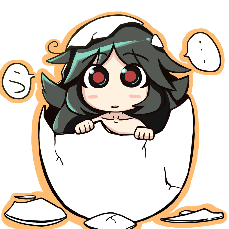 1girl, black_hair, egg, female_focus, hatching, long_hair, red_eyes, reiuji_utsuho, solo, touhou, ugi_gif, ugif, white_background, wings