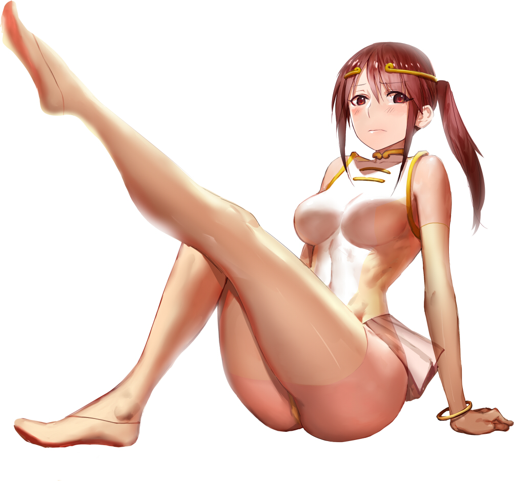 10s, 1girl, 3:, arm_support, ass, bangle, blush, bracelet, breasts, brown_hair, circlet, closed_mouth, cosplay, detached_sleeves, female_focus, from_side, full_body, golden_snub-nosed_monkey_(kemono_friends), golden_snub-nosed_monkey_(kemono_friends)_(cosplay), hair_between_eyes, idolmaster, idolmaster_cinderella_girls, jewelry, kasei_yukimitsu, kemono_friends, leg_lift, leotard, long_hair, long_sleeves, looking_at_viewer, medium_breasts, mifune_miyu, ponytail, simple_background, sitting, solo, thighhighs, white_background, white_thighhighs