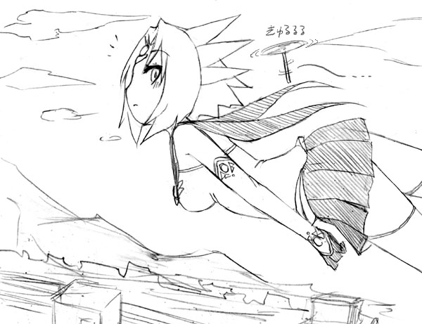 1girl, bamboo_copter, camel_(dansen), female_focus, flying, milia, milia_wars, monochrome