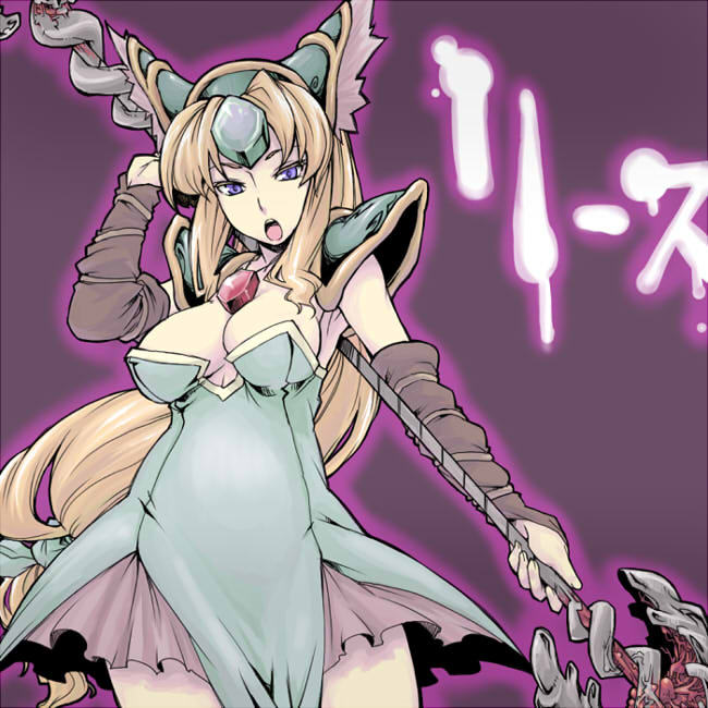 1girl, bad_id, bad_pixiv_id, blonde_hair, blue_eyes, breasts, character_name, cleavage