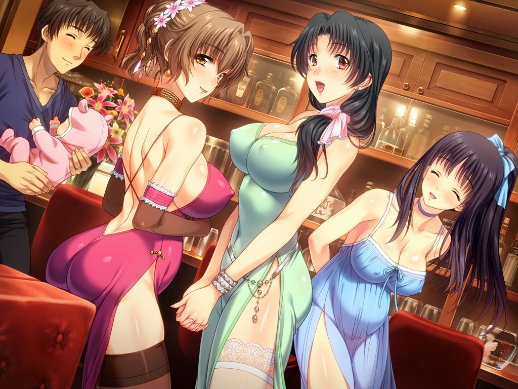 1boy, 4girls, arms_behind_back, asatsuyu_sayoko, ass, baby, black_hair, bracelet, breasts, brown_eyes, brown_hair, brown_legwear, choker, cleavage, covered_erect_nipples, dress, elbow_gloves, eyes_closed, flower, gloves, hair_flower, hair_ornament, high_ponytail, indoors, jewelry, jinno_ai, kuroda_akimi, large_breasts, long_hair, looking_at_viewer, low-tied_long_hair, multiple_girls, natsuki_akito, natsuki_miyuri, nipples, open_mouth, own_hands_together, pregnant, red_eyes, sideboob, smile, thighhighs, tsumamigui_3, updo, v_arms, white_hair, yellow_eyes