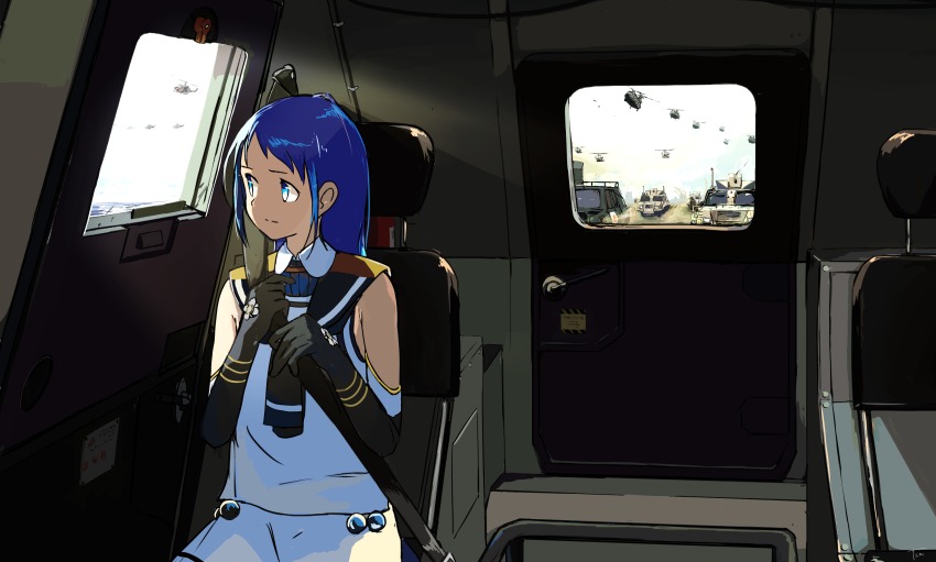 10s, 1girl, aircraft, black_gloves, blue_eyes, blue_hair, car_interior, ch-47_chinook, closed_mouth, elbow_gloves, female_focus, gloves, helicopter, highres, kantai_collection, long_hair, looking_to_the_side, military, military_vehicle, morakkyo_(mephilas_g3), sailor_collar, samidare_(kancolle), seatbelt, sitting, sleeveless, solo, uh-1_iroquois