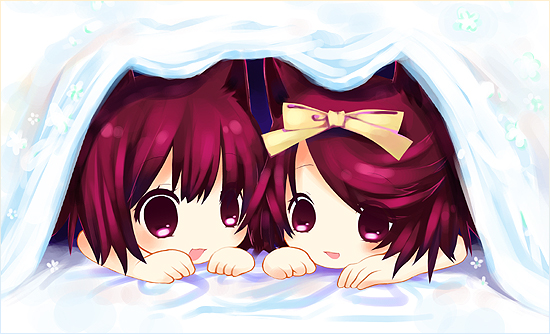 2girls, :d, animal_ears, borrowed_character, cat_ears, child, komeko_meko_(mecolate), multiple_girls, open_mouth, original, red_eyes, red_hair, ribbon, siblings, sisters, smile, twins, under_covers