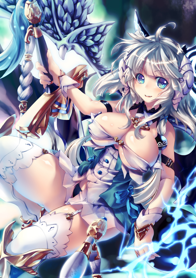 1girl, ahoge, anya_(sennen_sensou_aigis), arm_belt, bad_id, bad_pixiv_id, blue_eyes, breasts