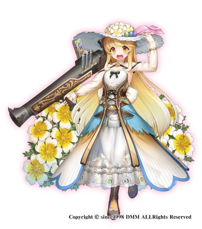 1girl, :d, black_bow, blonde_hair, boots, bow, detached_sleeves, dress, female_focus, flower, flower_knight_girl, full_body, gun, happy, hat, limnanthes_(flower_knight_girl), long_hair, looking_at_viewer, nakaishow, name_connection, object_namesake, official_art, open_mouth, orange_eyes, see-through_clothes, smile, solo, standing, weapon, white_background, white_dress