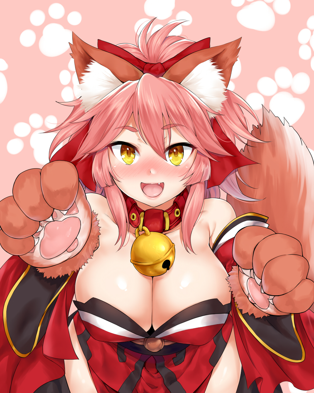 1girl, animal_ears, animal_hands, bare_shoulders, bell, blush, bow, breasts