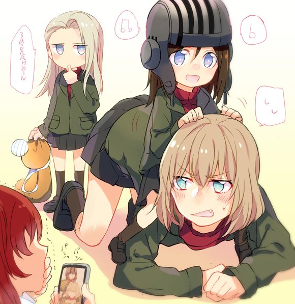 10s, 3girls, aged_down, all_fours, bad_id, bad_pixiv_id, bandages, beamed_quavers, black_footwear, black_hair, black_skirt, black_socks, blonde_hair, blue_eyes, boko_(girls_und_panzer), carrying, cellphone, clara_(girls_und_panzer), cyrillic, fang, girls_und_panzer, green_jacket, grimace, helmet, holding, holding_phone, holding_stuffed_toy, jacket, katyusha_(girls_und_panzer), loafers, long_hair, long_sleeves, looking_at_another, looking_back, mikan-uji, minim, miniskirt, multiple_girls, musical_note, nonna_(girls_und_panzer), open_mouth, phone, piggyback, pleated_skirt, pravda_school_uniform, red_shirt, riding, role_reversal, russian_text, school_uniform, shirt, shoes, short_hair, sitting, skirt, smartphone, smile, socks, spoken_sweatdrop, standing, stuffed_animal, stuffed_toy, sweatdrop, swept_bangs, tank_helmet, teddy_bear, thumb_sucking, translation_request, trembling, turtleneck